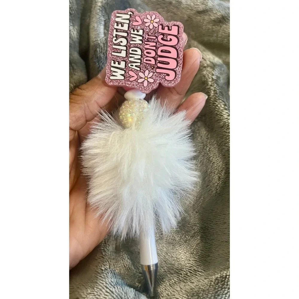 See Pictures!!Spinning fancy funny We Listen & Don't judge black ink pen +refill